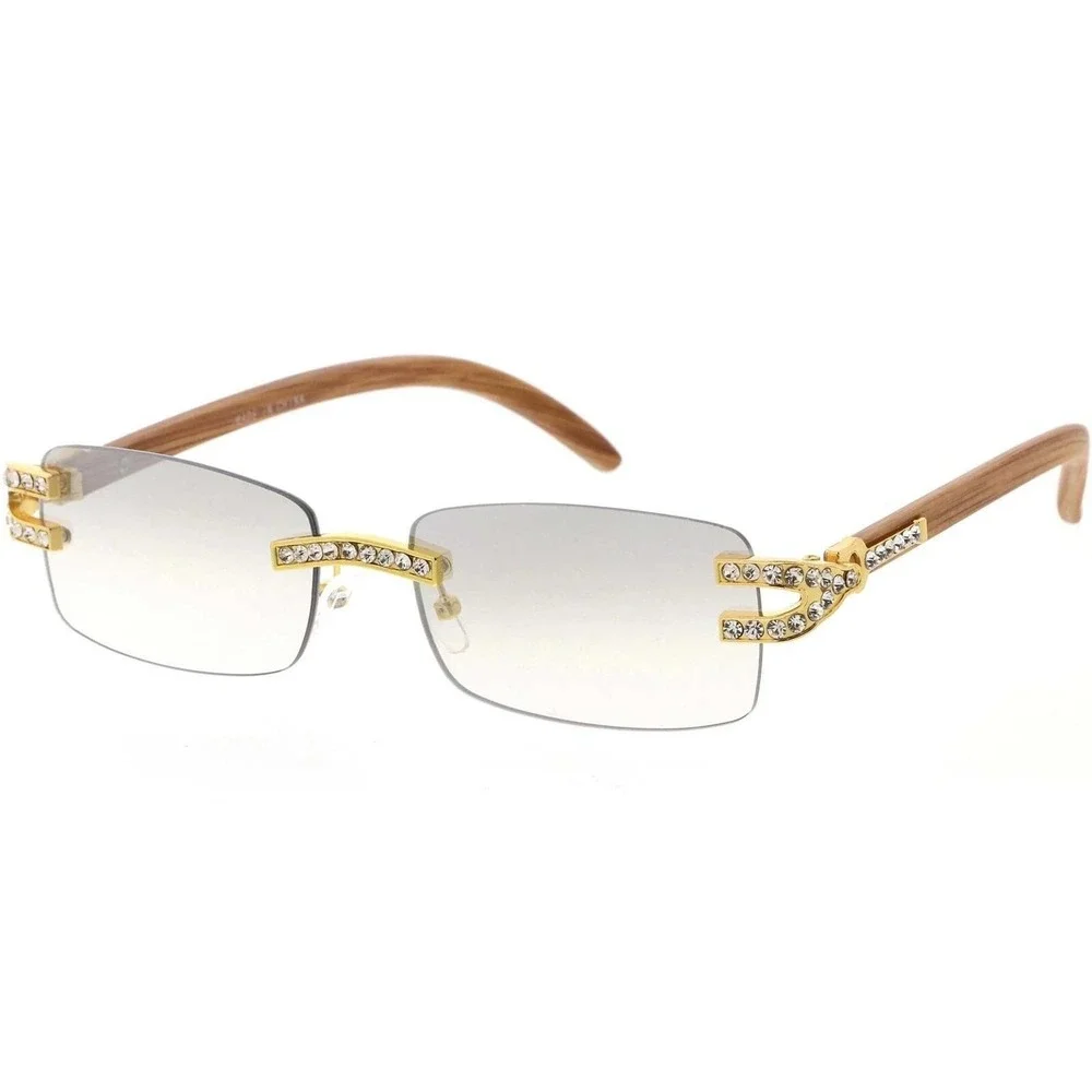 Rimless Sunglasses Men Gold Clear Lens Wood Grain Arm Fashion Eyewear‎ Rap Music